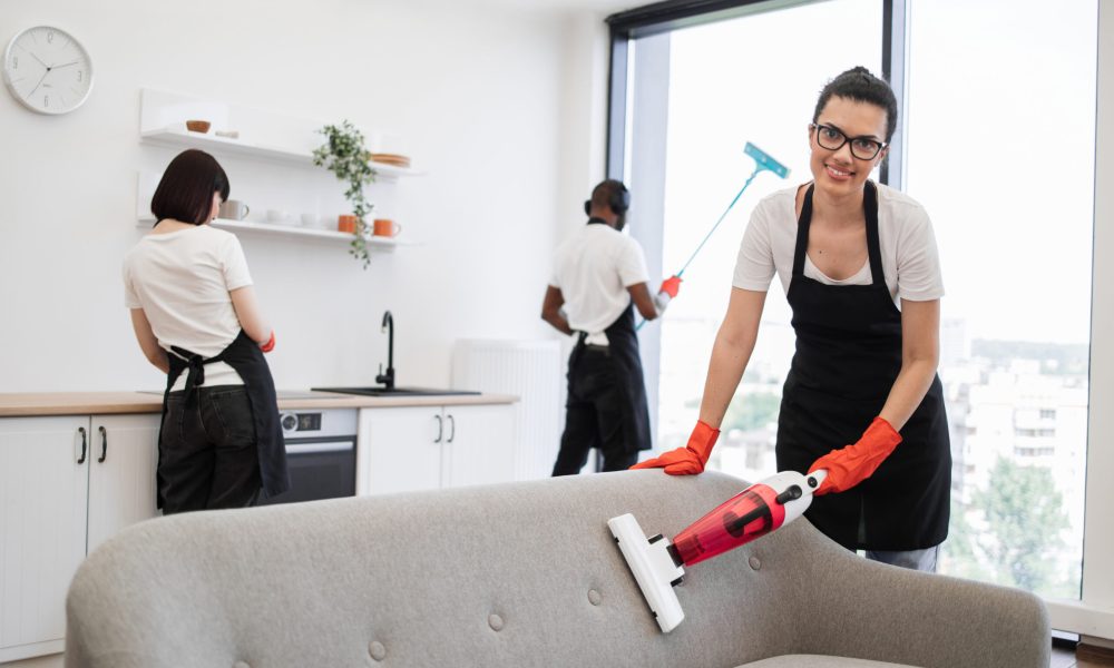Happy smiling employees of cleaning company cleaning in bright, spacious home kitchen. Multiethnic young female cleaner vacuuming sofa with portable cordless vacuum cleaner.